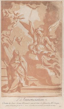 The Annunciation with the Virgin kneeling at left and Gabriel appearing at right, ca. ..., ca. 1729. Creator: Caylus, Anne-Claude-Philippe de