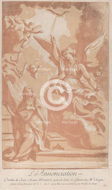 The Annunciation with the Virgin kneeling at left and Gabriel appearing at right, ca. ..., ca. 1729. Creator: Caylus, Anne-Claude-Philippe de.