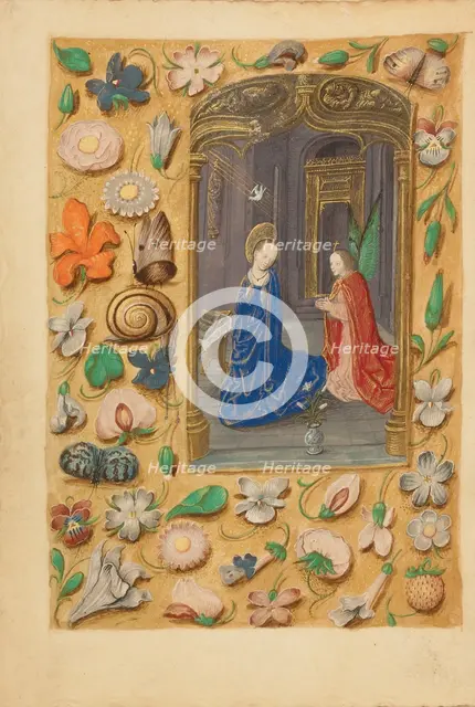 The Annunciation; Crohin-La Fontaine Hours, (about 1480-1485?). Creators: Master of the Dresden Prayer Book, Workshop of the Master of the Dresden Prayer Book.