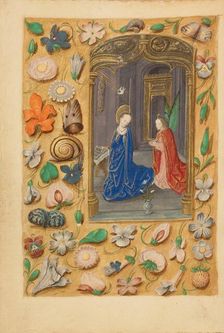 The Annunciation; Crohin-La Fontaine Hours, (about 1480-1485?). Creators: Master of the Dresden Prayer Book, Workshop of the Master of the Dresden Prayer Book
