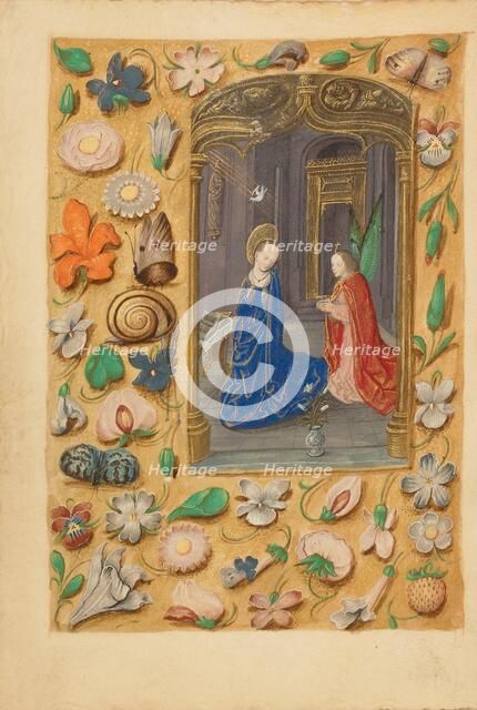 The Annunciation; Crohin-La Fontaine Hours, (about 1480-1485?). Creators: Master of the Dresden Prayer Book, Workshop of the Master of the Dresden Prayer Book.