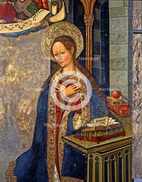 The Annunciation', detail of the Virgin, painting on table from the church of the Blood of Alcove…