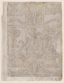 The Annunciation, flanked by Eve and the Serpent and Gideon's Fleece, from a Biblia Pa..., ca. 1465. Creator: Anon