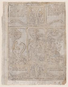 The Annunciation, flanked by Eve and the Serpent and Gideon's Fleece, from a Biblia Pa..., ca. 1465. Creator: Anon