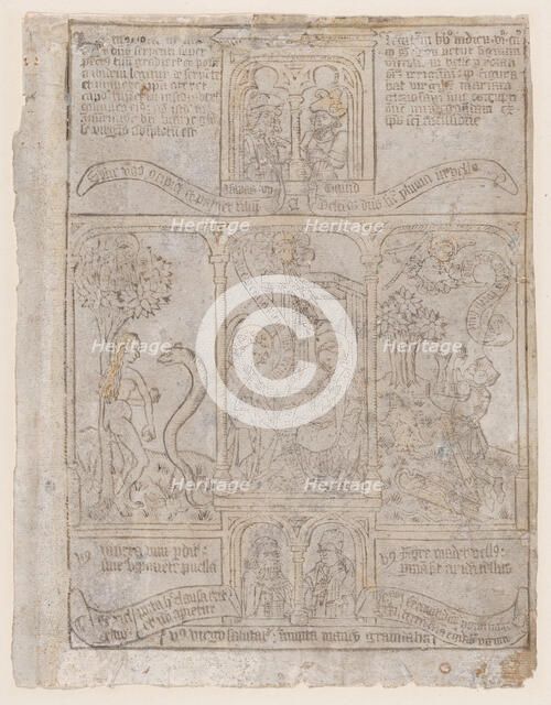 The Annunciation, flanked by Eve and the Serpent and Gideon's Fleece, from a Biblia Pa..., ca. 1465. Creator: Anon.