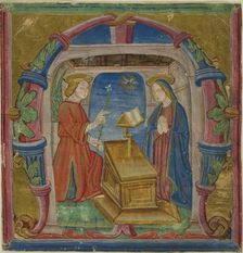 The Annunciation in a Historiated Initial "M" from an Antiphonary, 15th century. Creator: Unknown