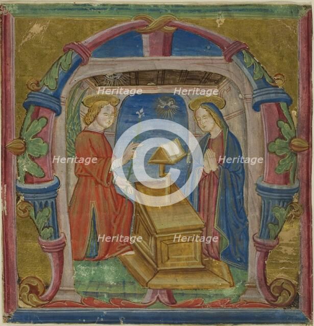 The Annunciation in a Historiated Initial "M" from an Antiphonary, 15th century. Creator: Unknown.