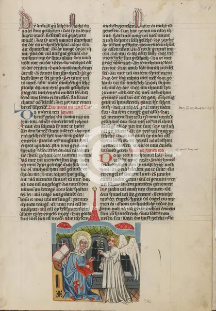 The Annunciation of the Virgin's Death; Weltchronik, about 1400-1410. Creator: Unknown.