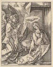 The Annunciation; on the left the archangel Gabriel approaches the praying Virgin..., ca. 1500-1534. Creator: Marcantonio Raimondi