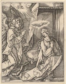 The Annunciation; on the left the archangel Gabriel approaches the praying Virgin..., ca. 1500-1534. Creator: Marcantonio Raimondi