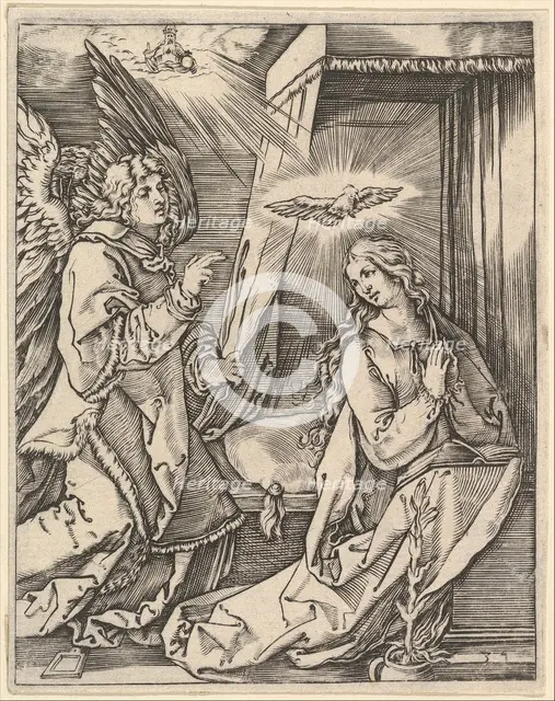 The Annunciation; on the left the archangel Gabriel approaches the praying Virgin..., ca. 1500-1534. Creator: Marcantonio Raimondi.