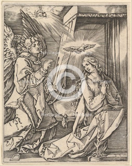 The Annunciation; on the left the archangel Gabriel approaches the praying Virgin..., ca. 1500-1534. Creator: Marcantonio Raimondi.