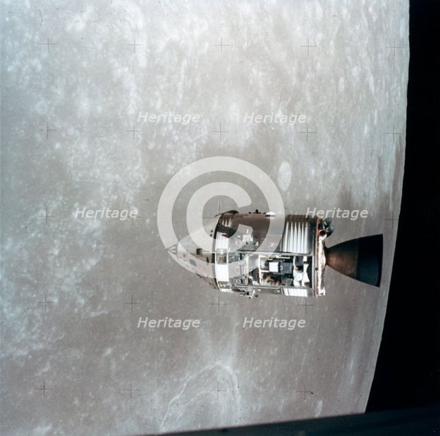 The Apollo 15 Command and Service Modules in lunar orbit, 1971.Artist: NASA