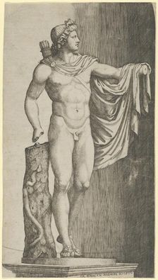 The Apollo Belvedere from the Vatican his left hand resting on the tree trunk aroun..., ca. 1510-27. Creator: Marcantonio Raimondi