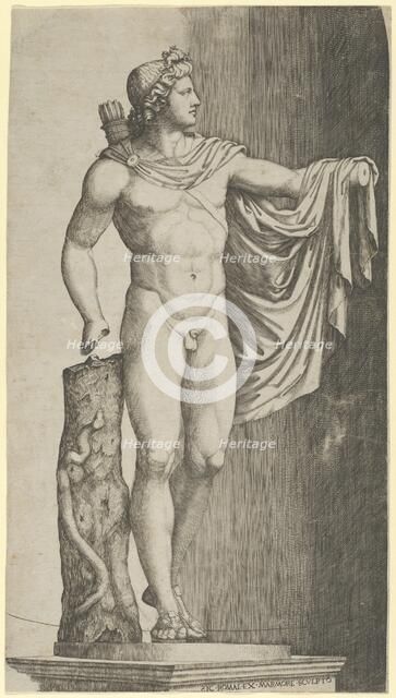 The Apollo Belvedere from the Vatican his left hand resting on the tree trunk aroun..., ca. 1510-27. Creator: Marcantonio Raimondi.