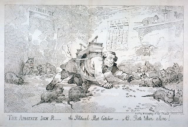 'The apostate Jack R - the political rat catcher - NB. Rats taken alive!', 1784.                     Artist: Thomas Rowlandson