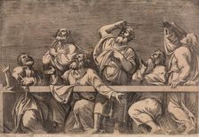 The Apostles Looking at Christ and the Virgin in a Glory of Angels (bottom right plate), 1546. Creator: Leon Davent