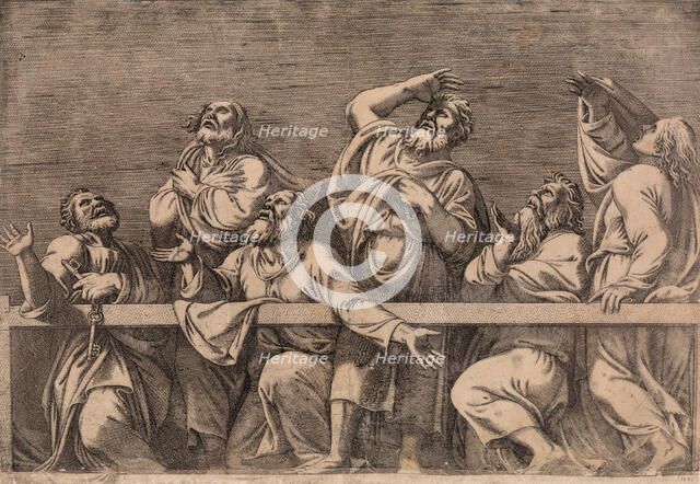 The Apostles Looking at Christ and the Virgin in a Glory of Angels (bottom right plate), 1546. Creator: Leon Davent.