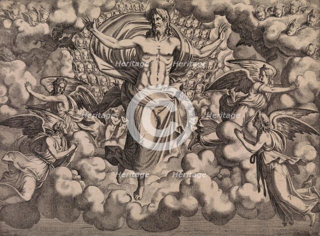 The Apostles Looking at Christ and the Virgin in a Glory of Angels (top right plate), 1546. Creator: Leon Davent.