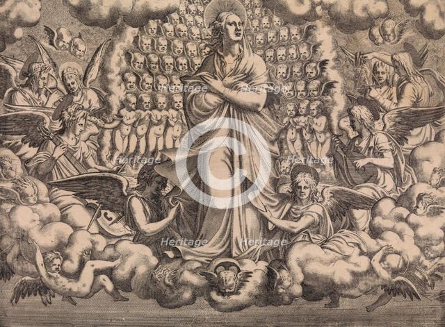 The Apostles looking at Christ and the Virgin in a Glory of Angels (top left plate), 1546. Creator: Leon Davent.