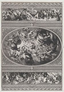 The apotheosis of James I in an oval at center, friezes with putti and garlands on either ..., 1720. Creator: Simon Gribelin