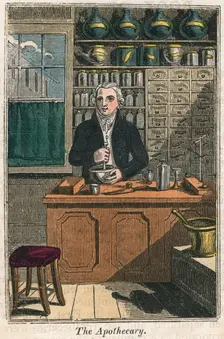The apothecary using pestle and mortar to prepare drugs, 1823. Creator: Unknown
