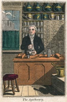 The apothecary using pestle and mortar to prepare drugs, 1823. Creator: Unknown