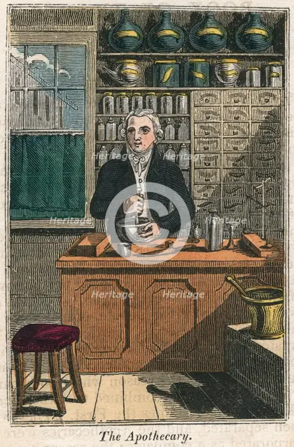 The apothecary using pestle and mortar to prepare drugs, 1823. Creator: Unknown.