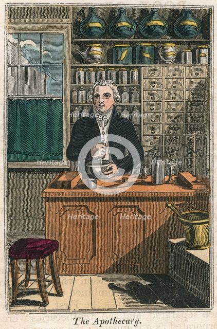 The apothecary using pestle and mortar to prepare drugs, 1823. Creator: Unknown.
