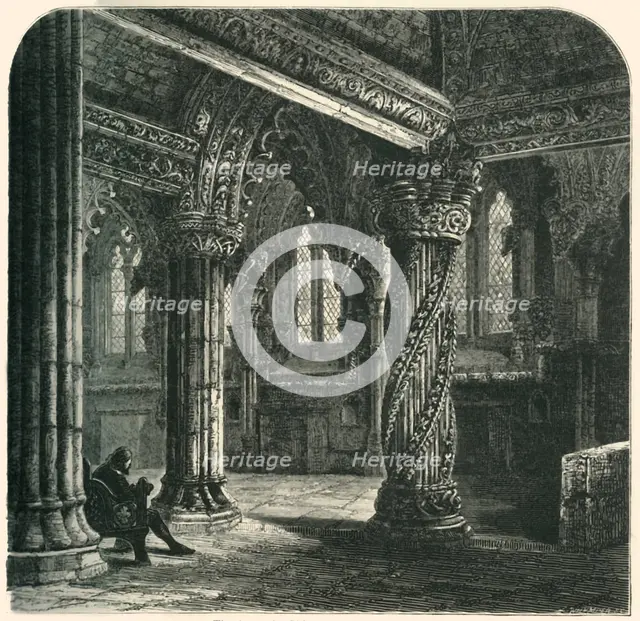 'The Apprentice Pillar in Roslin Chapel', c1870.