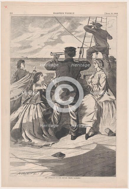 The Approach of the British Pirate "Alabama" (Harper's Weekly, Vol. VII), April 25, 1863. Creator: Unknown.