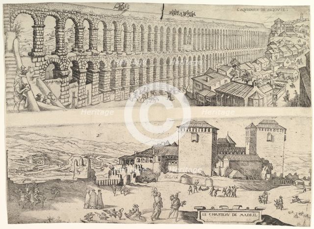The Aqueduct at Segovia and The Castle of Madrid, 1500-1599. Creator: Jan Cornelisz Vermeyen.