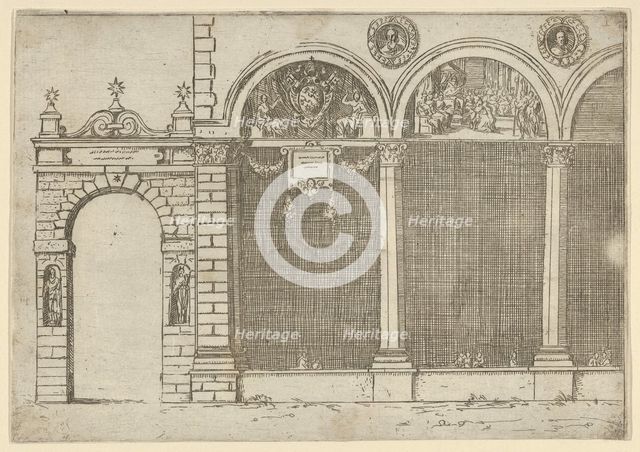 The arcade of the palace of the Archbishop of Bologna with temporary decorations for the e..., 1598. Creator: Guido Reni.