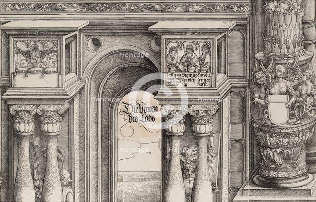 The Arch in the Entryway of the Left Portal (Die Porten des Lobs); and the Outer Left Colu..., 1515. Creator: Hans Springinklee.