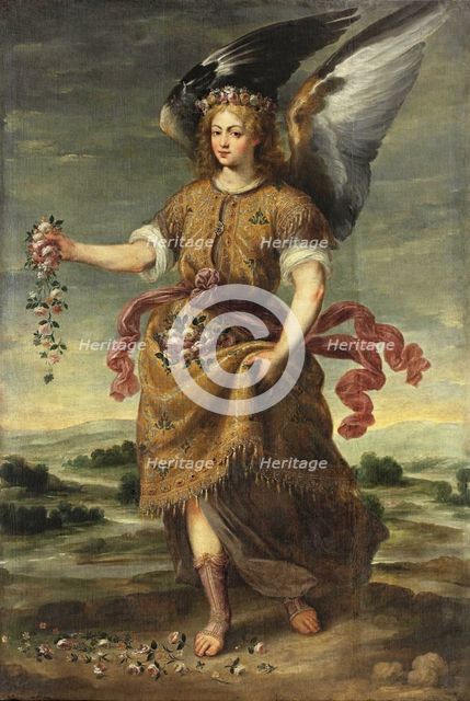 The Archangel Baraquiel scattering flowers, early 17th century.  Creator: Bartolomé Román.