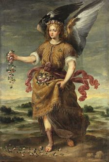The Archangel Baraquiel scattering flowers, early 17th century. Creator: Bartolomé Román