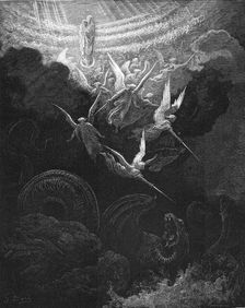 The Archangel Michael and his angels fighting the dragon, 1865-1866. Artist: Gustave Doré