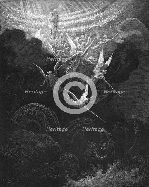 The Archangel Michael and his angels fighting the dragon, 1865-1866. Artist: Gustave Doré