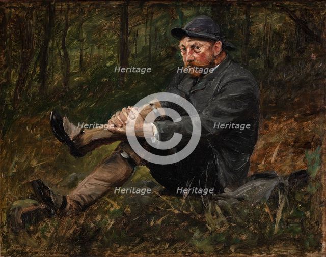 The architect Thorvald Bindesboll in a spruce forest on Kullen, 1889. Creator: August Jerndorff.