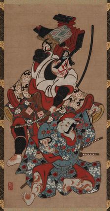 The armor-pulling scene from a Soga play, Edo period, 1615-1868. Creator: Unknown