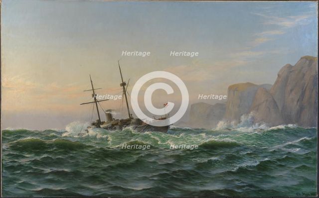 The armored ship "Iver Hvitfeldt" passes Forbjerget Stat on the way to Trondhjem...1893, 1894. Creator: Christian Blache.