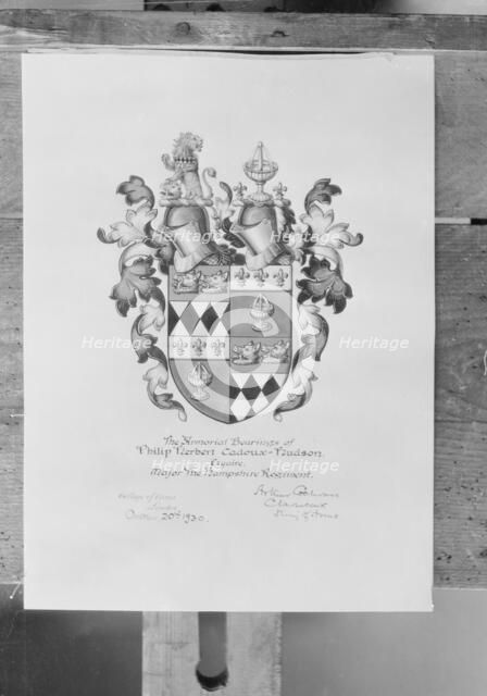 The Armorial Bearings of Major Hudson, c1930.  Creator: Kirk & Sons of Cowes.