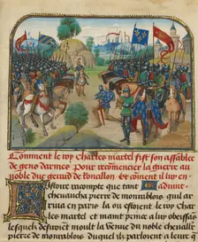 The Armies of France and Burgundy with Martel in Prayer, written 1463-1465; illuminated 1467-1472. Creators: Loyset Liedet, Pol Fruit