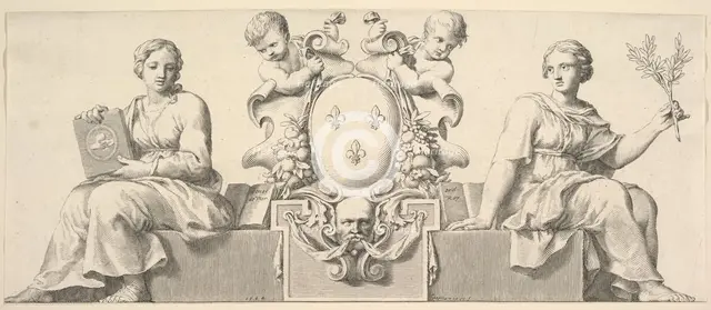The Arms of France Accompanied by Personifications of Law and Good Faith, 1664. Creator: Claude Mellan.