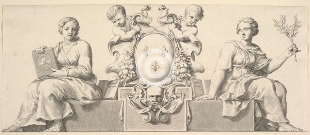 The Arms of France Accompanied by Personifications of Law and Good Faith, 1664. Creator: Claude Mellan.