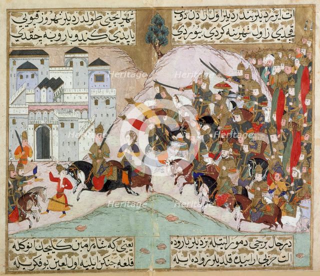 The Army of Shah Ramin Attacking the Iron Fortress..., 1593-1594/1002 A.H.. Creator: Unknown.