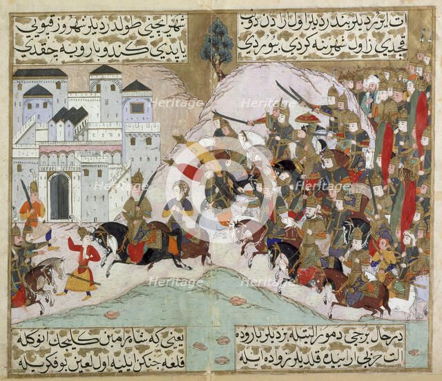 The Army of Shah Ramin Attacking the Iron Fortress..., 1593-1594/1002 A.H.. Creator: Unknown.
