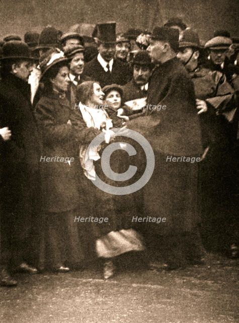 The arrest of suffragette Dora Marsden, 30 March 1909. Artist: Unknown
