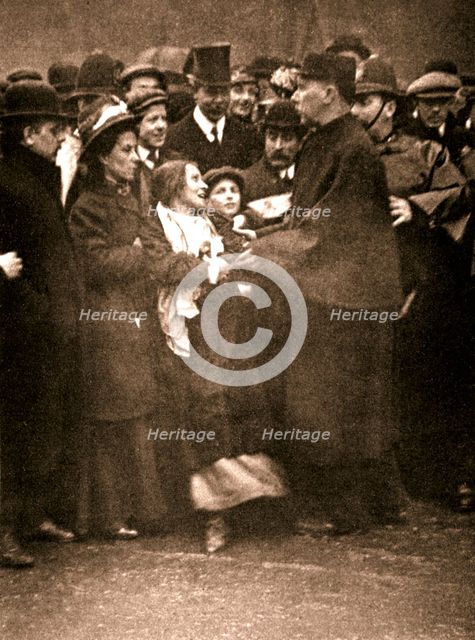 The arrest of suffragette Dora Marsden, 30 March 1909. Creator: Unknown.
