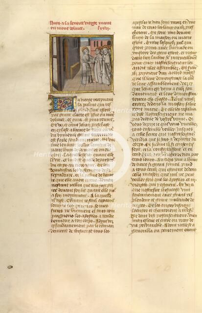 The Arrival of an Apostle at the House of Mary; Miroir Historial, about 1475. Creator: Unknown.